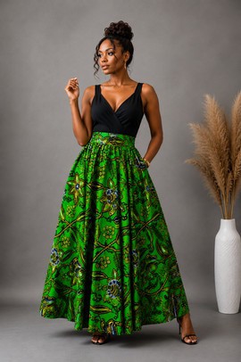 Long, high-waisted wax print skirt –