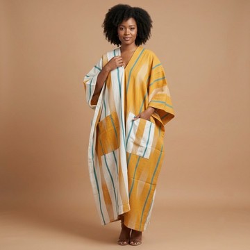 Robe boubou kaftan en aso oke tissé à la main, rayé moutarde et blanc cassé