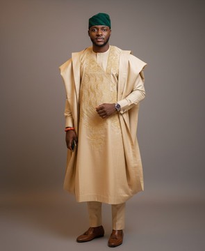 Light Gold Agbada &amp; Trousers Set With Cap