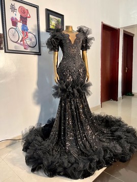 Black exotic ruffles evening prom dress/cocktails event party dress