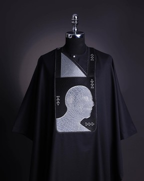 A Charcoal Black, “Head Algorithm Mapping ” embroidery details agbada.