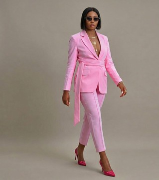 Soft Pink Wrap Blazer with Cropped Trousers Suit Set