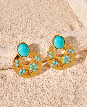 Magnifique paire de boucles d’oreilles, style d’ dormeuse, bleu, turquoise et doré