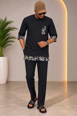 Men’s Black Embroidered Two-Piece Set – Stylish Short Sleeve Tunic Top and Matching Trousers