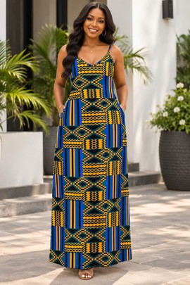 Tribal kente Women's Elegant V-Neck Maxi Dress | Tribal Kente Print Maxi Dress