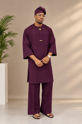 Ensemble traditionnel deux pièces couleur lie-de-vin pour homme – Ensemble de caftan africain avec casquette assortie