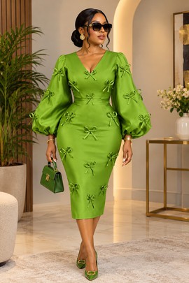 Women's Green Bow Detail Midi Dress – Long Puff Sleeve Bodycon Dress