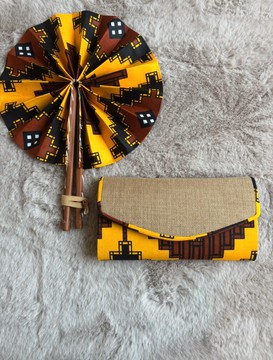 Ensemble chic en tissu wax africain : éventail pliant fait main et pochette assortie - Sénégal - Pochette Wax