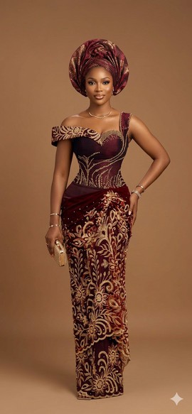 Rich Wine and Gold Velvet-Accented Asymmetric Gown