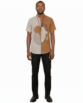 African Map Half-Tone Short Sleeve Shirt for Men – Two-Tone Brown &amp; Beige Ankara Fusion