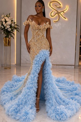 Robe de bal dorée à volants bleus, robe de bal luxueuse, robe de bal perlée