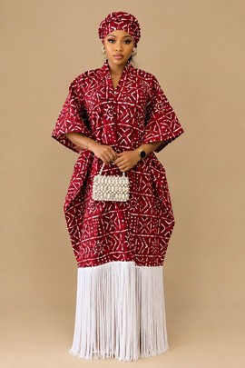 Robe caftan rouge en Ankara avec franges blanches et gele assorti