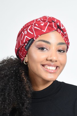 Turban Torsadé en Wax Bogolan Rouge et Blanc avec Doublure en Satin