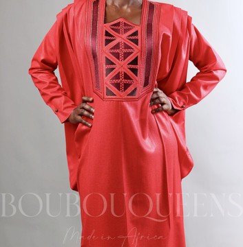 African Boubou Dress for Women "Keinya" Red in Glazed Linen — With Scarf