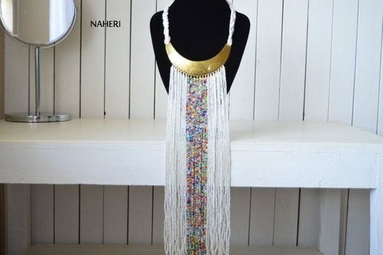 African beaded necklace, White Tribal fringe neckpiece. African Jewelry. Gift for her
