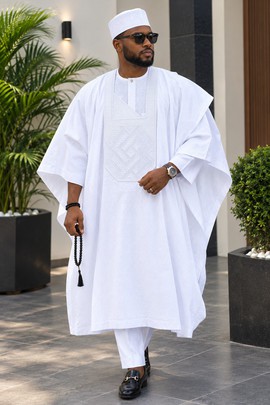 Men's All White Agbada Set – Three Piece Embroidered Nigerian Traditional Attire with Cap
