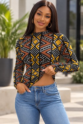 T-shirt à manches longues en maille à imprimé africain traditionnel pour femme | Mode africaine | Bynelo
