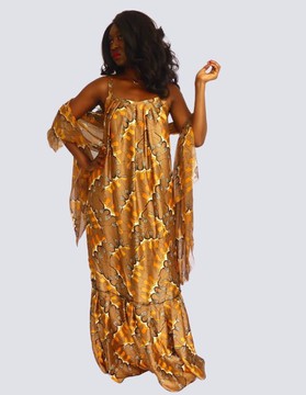 Chic flared dress printed silk satin