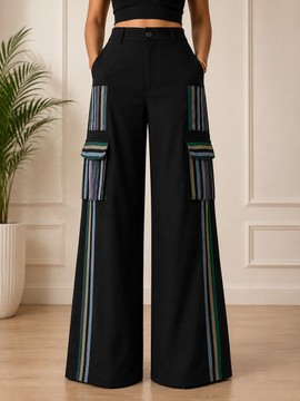 Women's Black Wide-Leg Cargo Trousers – Aso Oke &amp; Cotton Multicolour Striped Pocket Pants