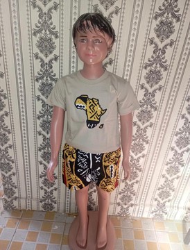 Cotton T-Shirt with Africa Appliqué &amp; Ankara Print Shorts, Cream African Kids Two-Piece Outfit