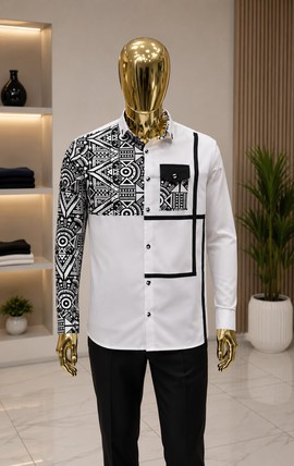 Men's White &amp; Black Aztec Print Long Sleeve Shirt
