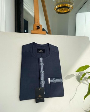 A steel blue Senator kaftan with thick feathers front flap &amp; pocket embroidery kaftan