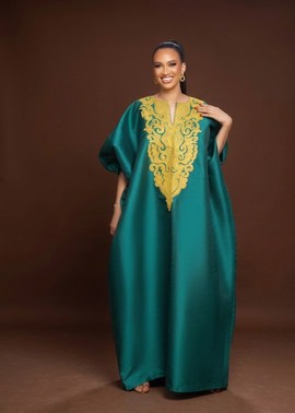 Zara Embroidered Bubu — Teal &amp; Gold Satin Kaftan