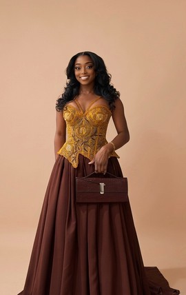 Elegant Gold Beaded Corset Gown – Brown Maxi Evening Dress with Structured Bodice