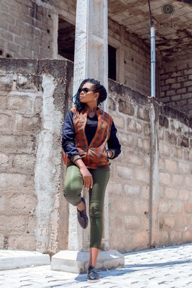 Kanvô bomber jacket in jeans and woven loincloth for women