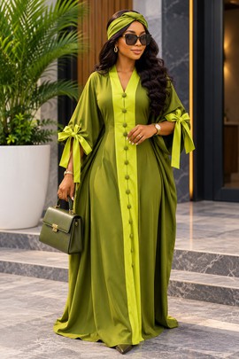 Women's Olive &amp; Lime Green Maxi Dress – Button-Front Bow Sleeve Gown with Matching Headwrap