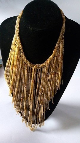 African choker necklace, Beaded fringe necklace, Gold and black necklace