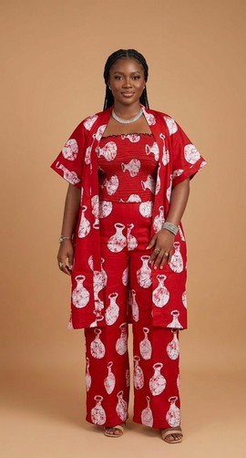Ensemble trois pièces à imprimé de pots rouges : kimono, haut bustier et pantalon