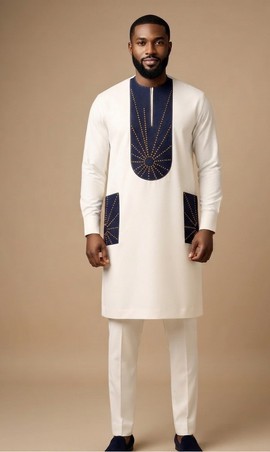 Costume sénatorial nigérian traditionnel de luxe pour homme, blanc cassé, avec broderie en soleil bleu marine et or