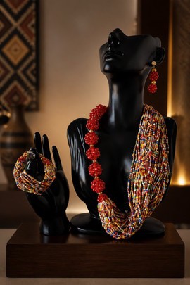 AFRICAN KROBO PEARL SET LADIES NECKLACE EARRINGS BRACELET TRADITIONAL JEWELERY