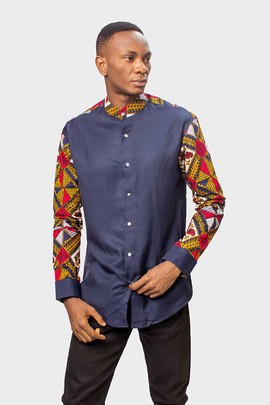 Colourful African Print Ankara &amp; blue Cotton Mix Shirt, Mens Clothing, Ankara Shirt