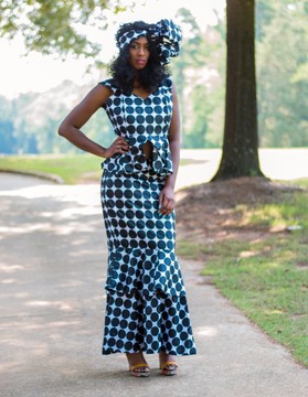African Print Cotton Ankara Two Piece Polka Dot Sleeveless Peplum Blouse and Ruffle Skirt Set