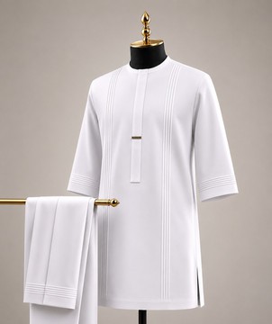 Ensemble traditionnel deux pièces pour homme, avec haut blanc à rayures plissées et pantalon
