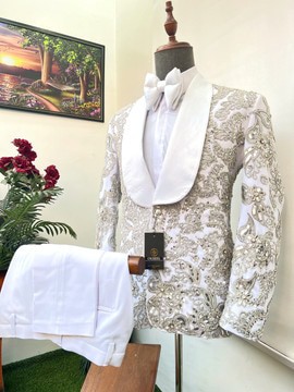 Full body embellished tuxedo suit, with a white pant…………best seller