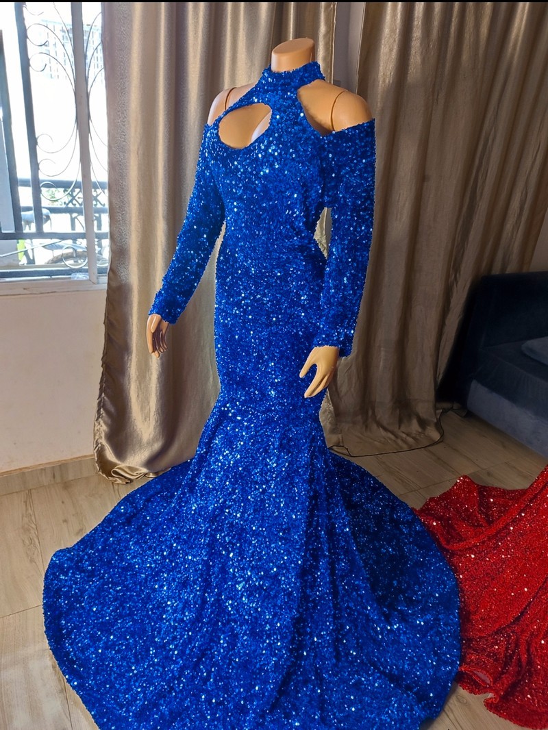 Royal blue sequin halterneck prom wedding dress, Long mermaid evening d -  ANKA