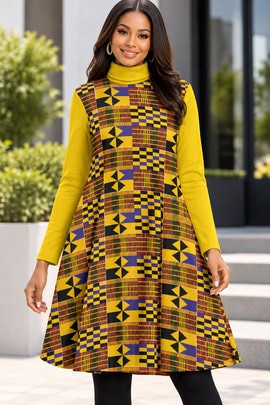 African Heritage Kente Women's Long Sleeve Turtleneck Tunic Dress | Kente Fashion | Bynelo