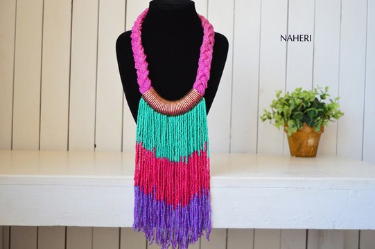 African beaded fringe necklace multicolor neckpiece. Gift for her