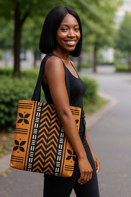 Mud Cloth Cowrie Tribal Tote Bag | Ancient Symbolic Print | Large Capacity