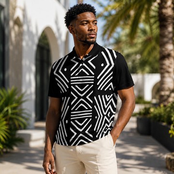 Ethnic Patterned Print Men's Heavyweight Polyester Polo Shirt Black | Heritage-Inspired Menswear