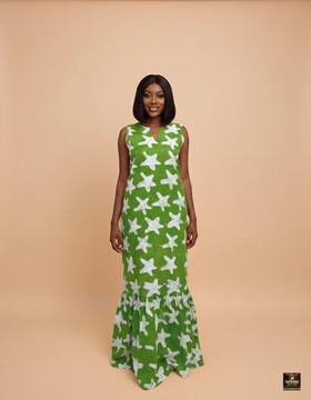 Green Star Adire with Trumpet Hem Maxi Gown