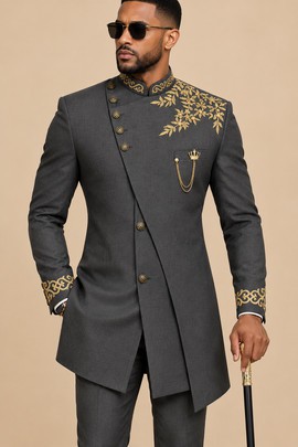 Embroidered Sherwani Suit with Gold Floral Detailing, Mandarin Collar and Asymmetrical Button Jacket