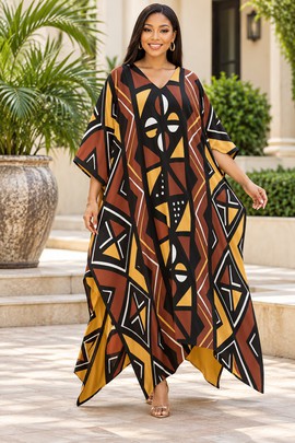Robe midi à col en V et manches courtes pour femme en imprimé africain | Robe midi en imprimé africain | Bynelo