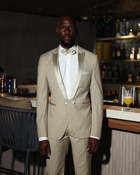 A Trout grey, “Mixologist” , knitted, single button, peak lapel, double breasted tuxedo suit.