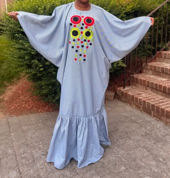 Blue and White Striped Geometric Design Ruffle Maxi Kaftan Maxi Dress