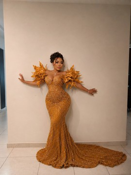 Luxury Gold Mermaid Prom/ Evening Gown | Statement Beaded Formal Dress