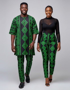 Neon Geo Couples' Set | Matching Black &amp; Neon Green Ankara Print Attire